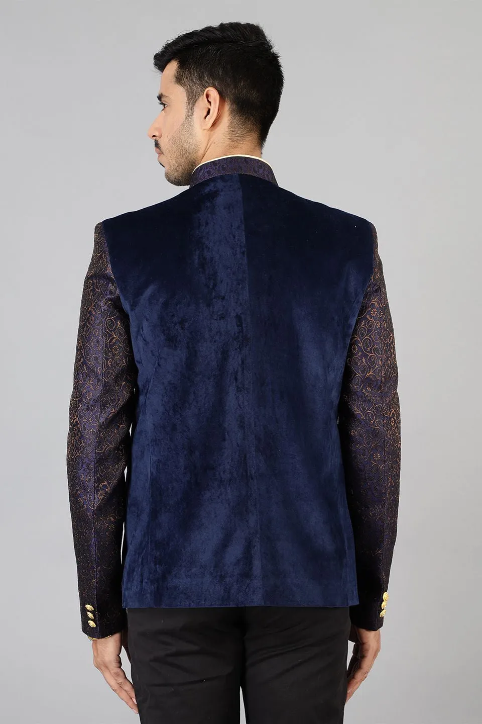 Banarasi Rayon Cotton Velvet Blue Bandhgala