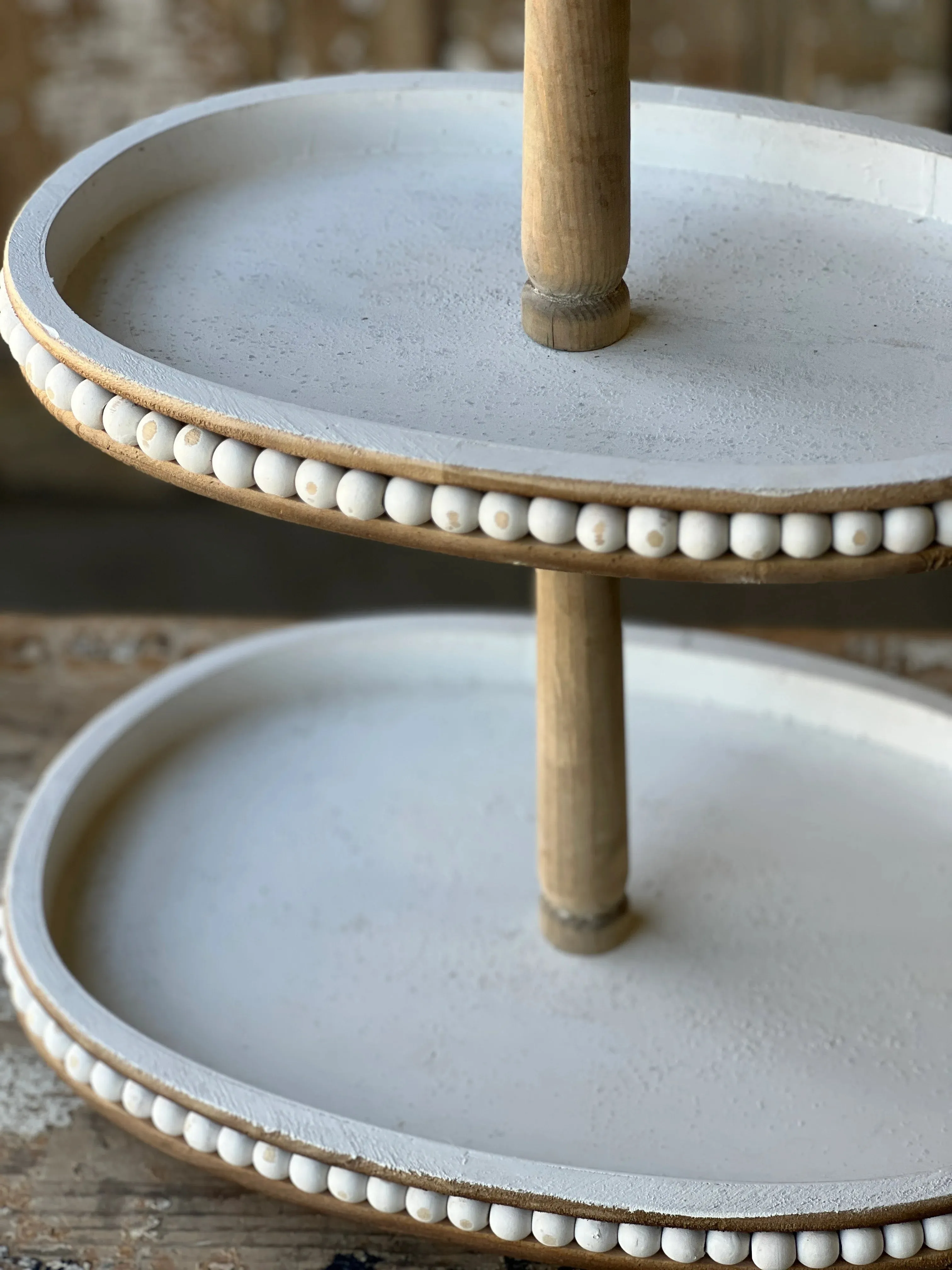 Beaded Tiered Pedestal | 17.75" | White Wash