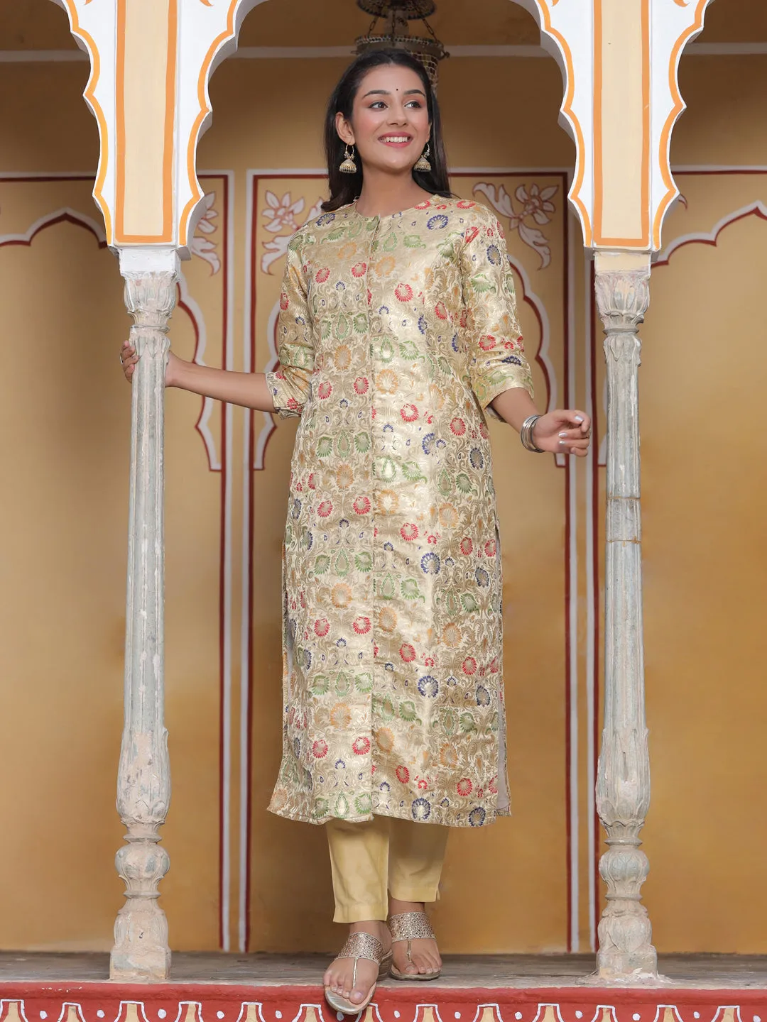 Beige Ethnic Printed Brocade Straight Kurta
