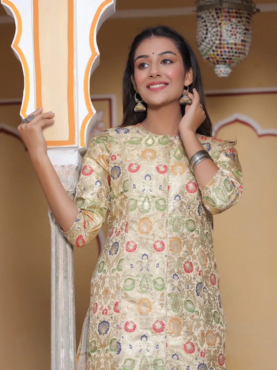 Beige Ethnic Printed Brocade Straight Kurta