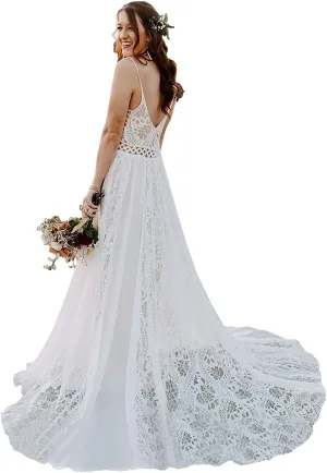 Bohemian Spaghetti Straps V-neck Lace-up Court Lace Wedding Dress