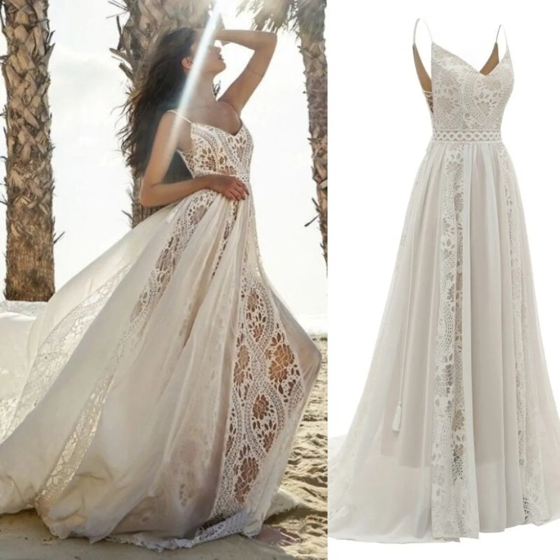 Bohemian Spaghetti Straps V-neck Lace-up Court Lace Wedding Dress