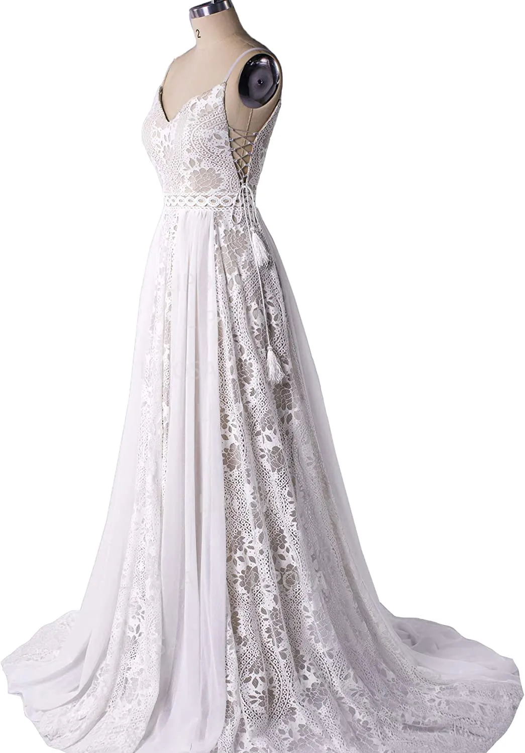 Bohemian Spaghetti Straps V-neck Lace-up Court Lace Wedding Dress