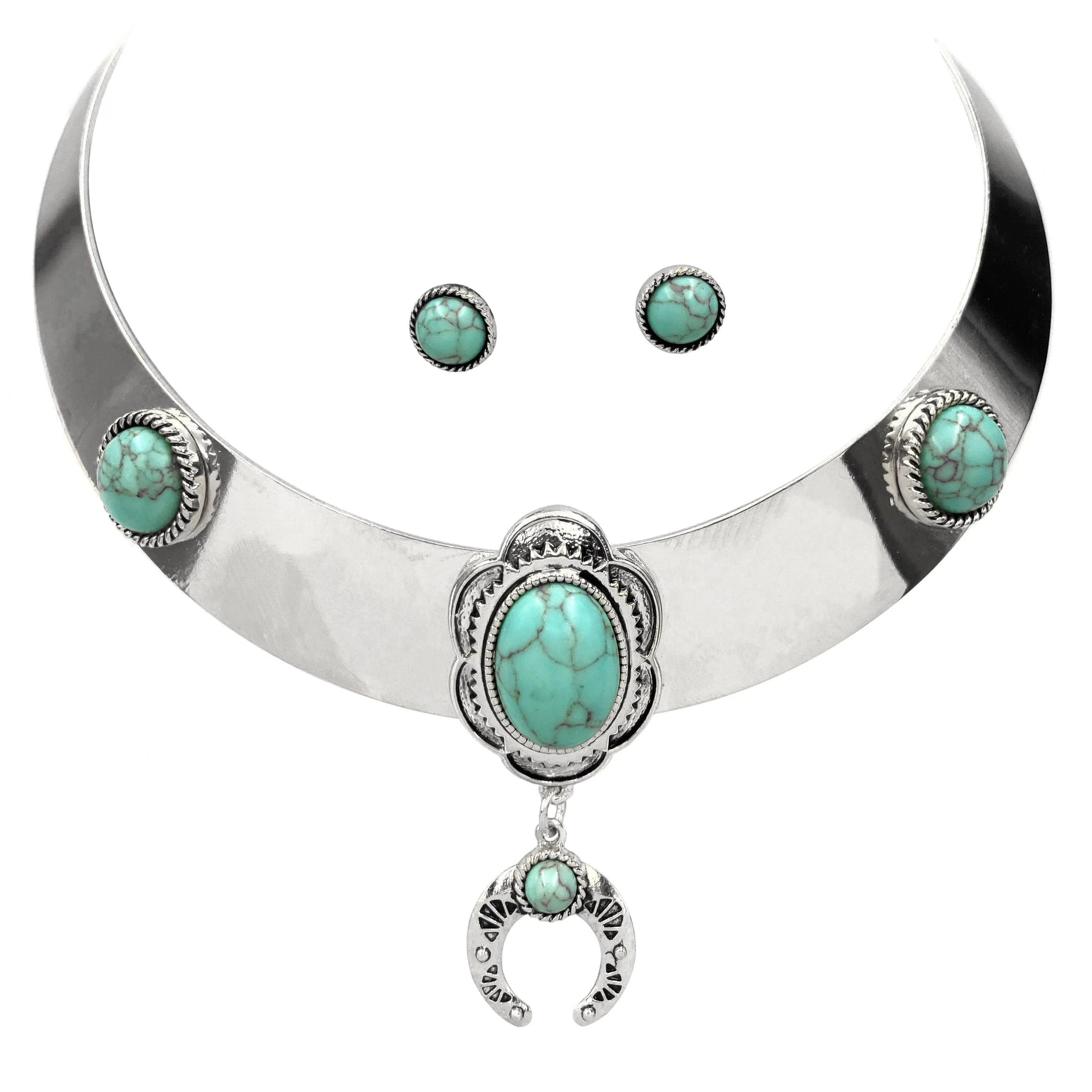 Bohemian Western Turquoise Stone Wide Metal Choker Necklace: Gold