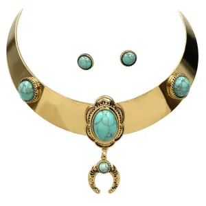 Bohemian Western Turquoise Stone Wide Metal Choker Necklace: Gold