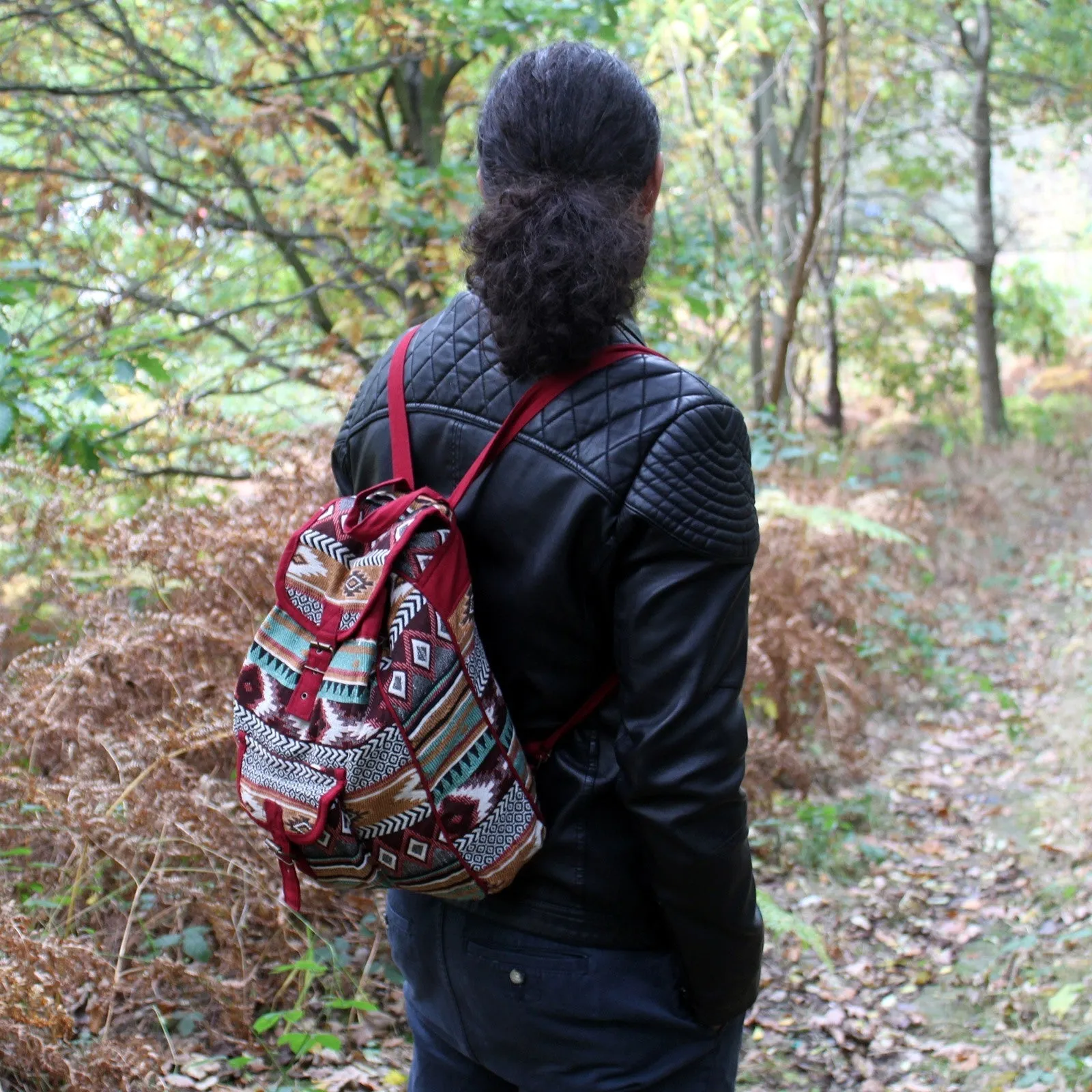 Boho Backpack Jacquard Bag - Chocolate