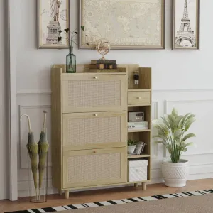 Boho Chic Shoe Organizer with Rattan Drawers and Hooks