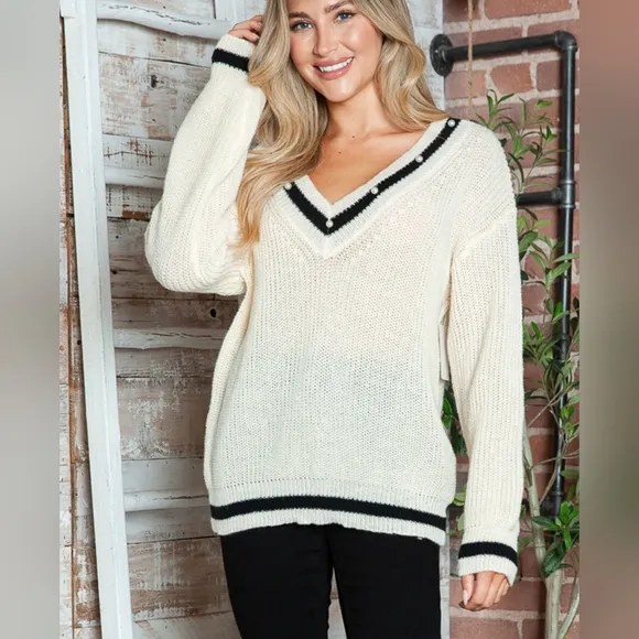 Bordered Beauty Contrast Sweater - Tan