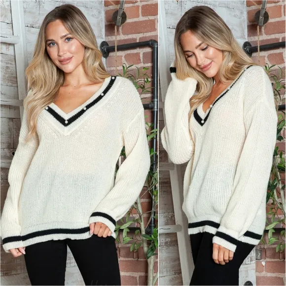 Bordered Beauty Contrast Sweater - Tan