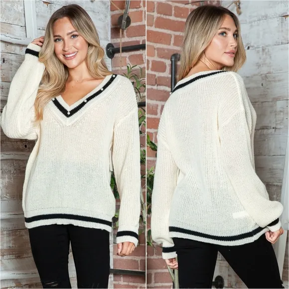 Bordered Beauty Contrast Sweater - Tan