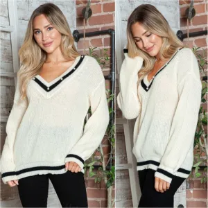 Bordered Beauty Contrast Sweater - Tan