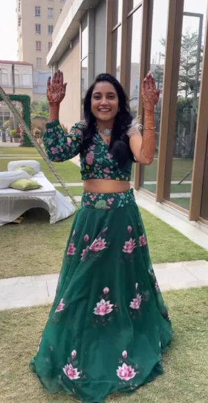 Bottle Green Handpainted Lehenga