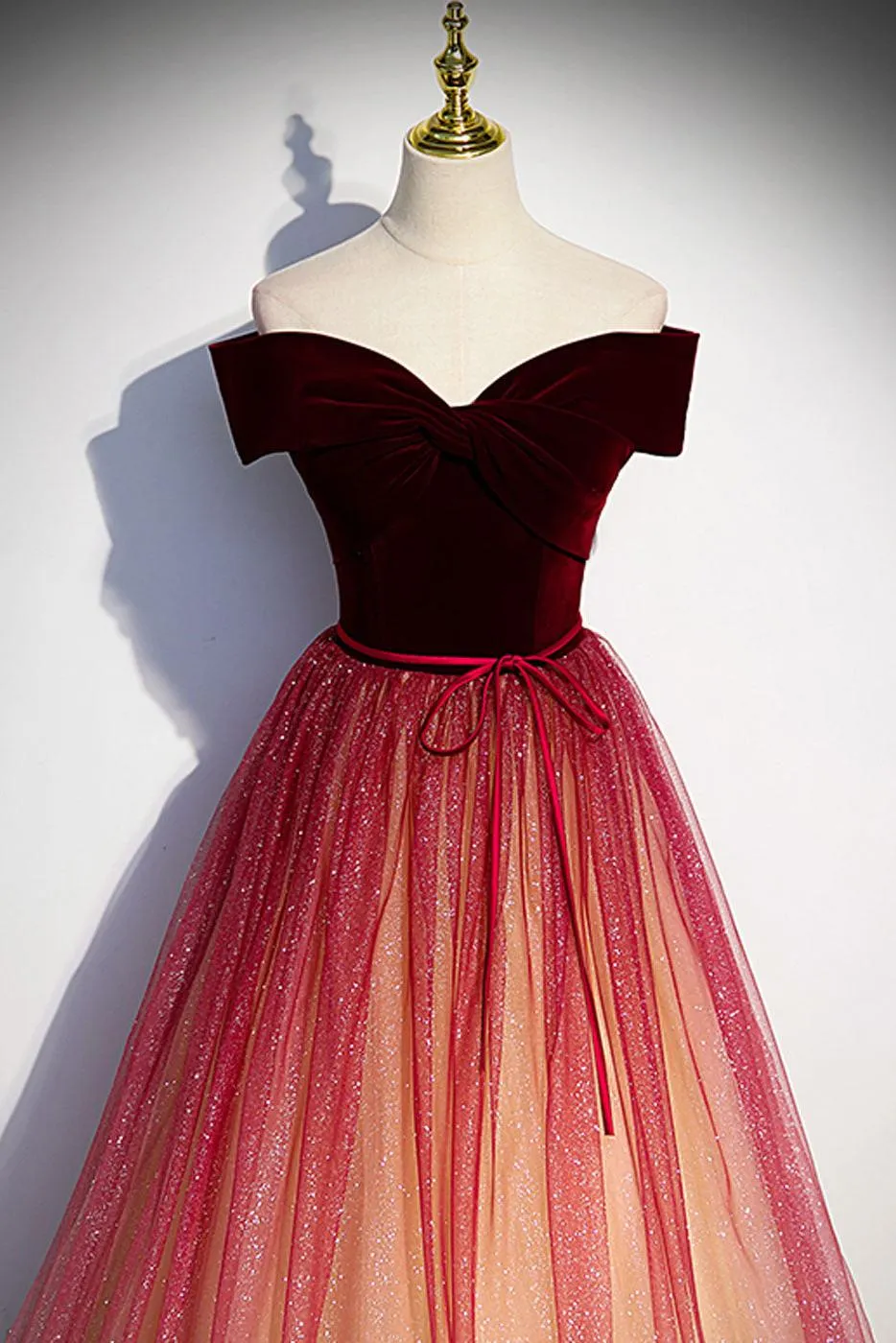 Burgundy Prom Dress A Line Tulle Sequin Long Formal Evening Dress