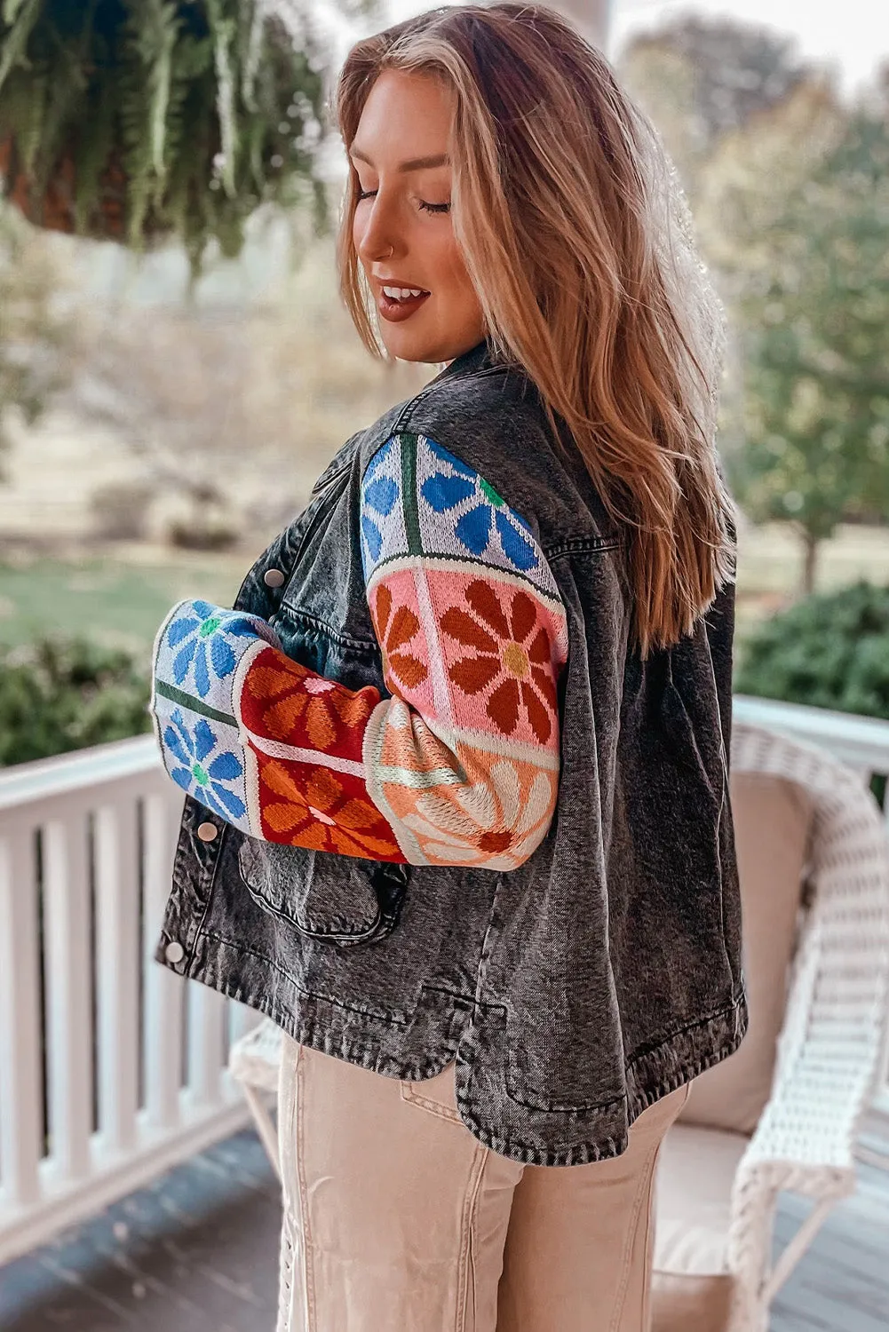 Carbon Grey Floral Patchwork Sleeve Mineral Wash Short Denim Jacket