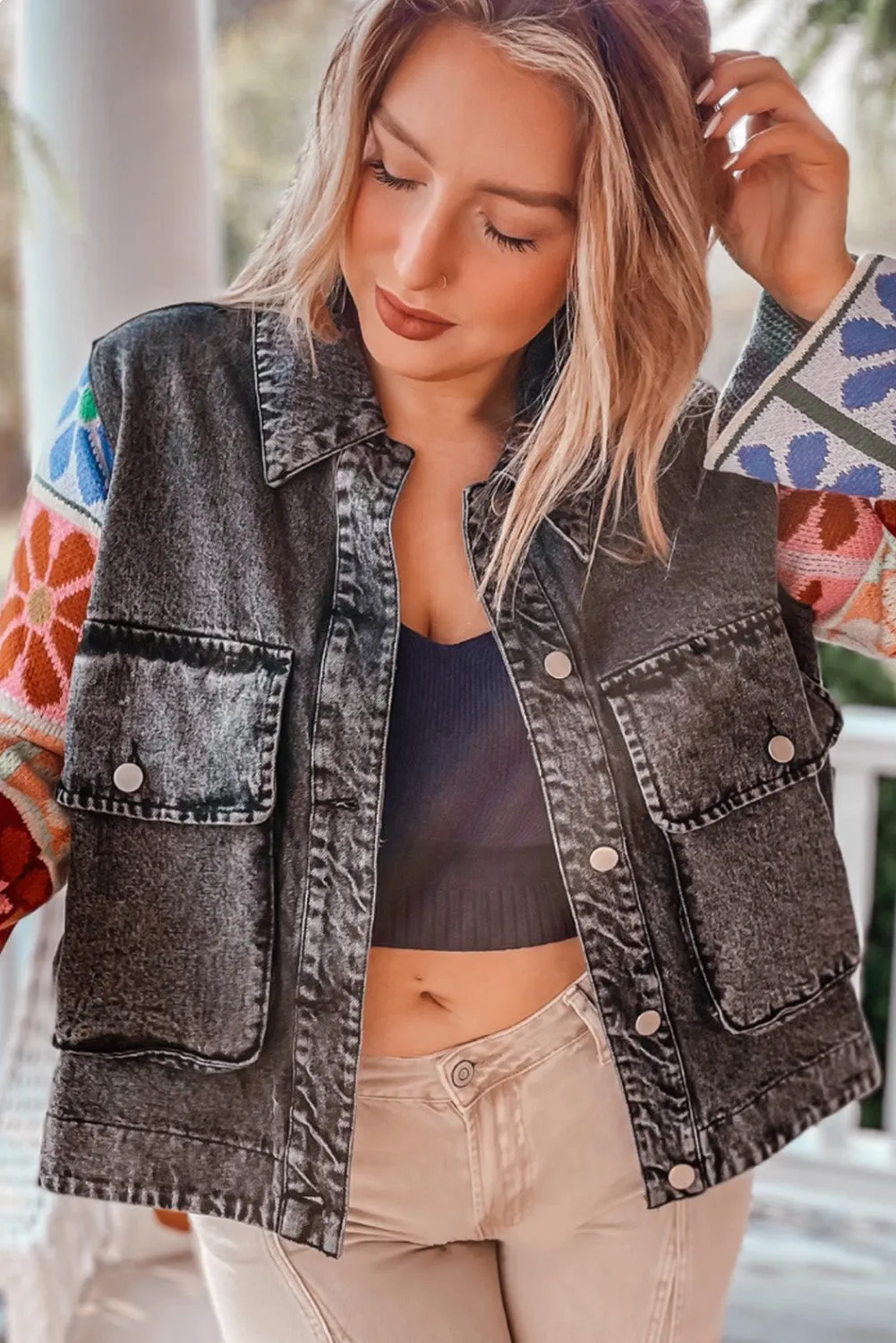 Carbon Grey Floral Patchwork Sleeve Mineral Wash Short Denim Jacket