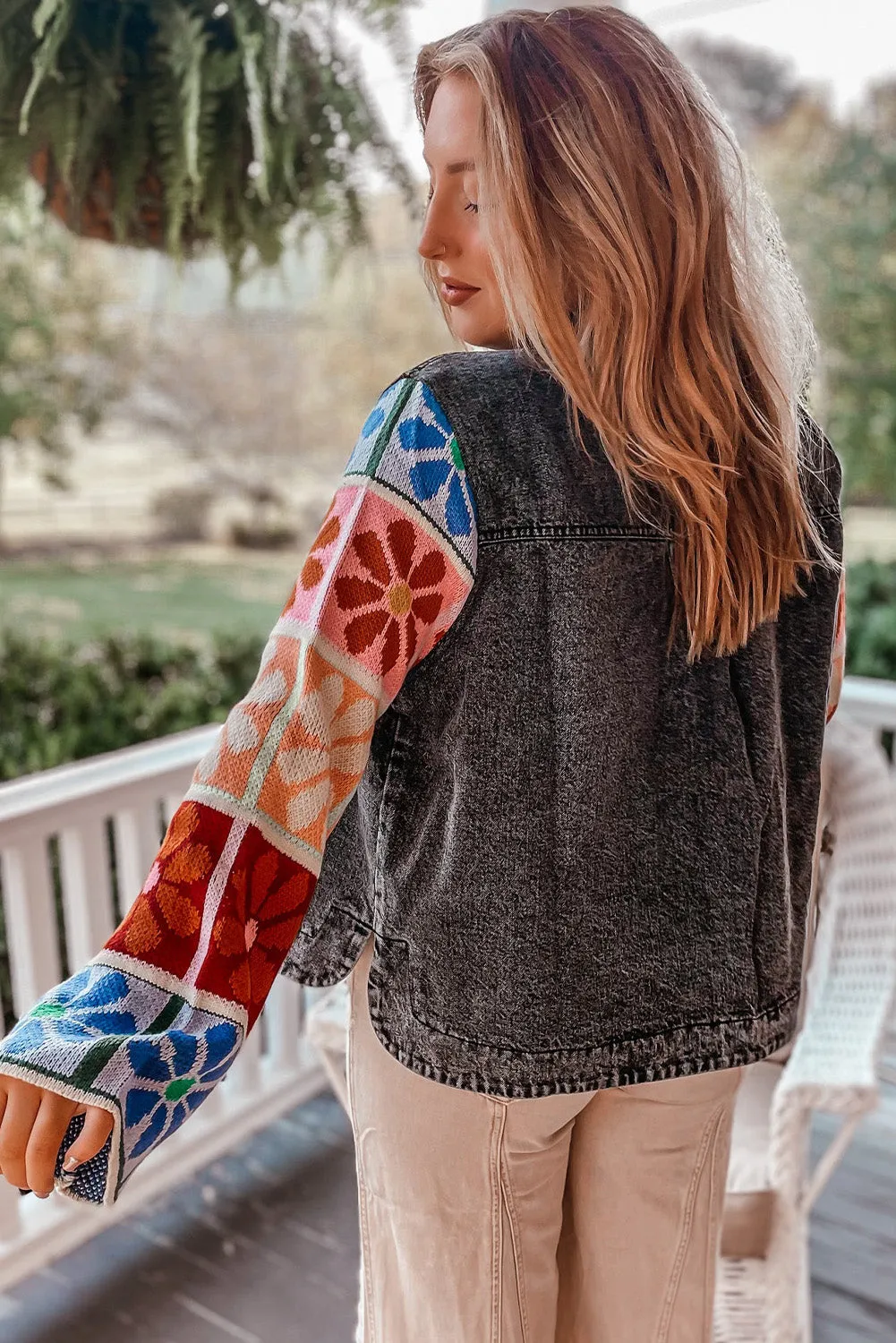 Carbon Grey Floral Patchwork Sleeve Mineral Wash Short Denim Jacket