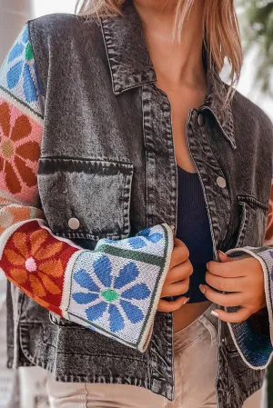 Carbon Grey Floral Patchwork Sleeve Mineral Wash Short Denim Jacket