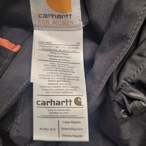 Carhartt Jacket Womens Large Black Waterproof Breathable Workwear Outdoor WJ002