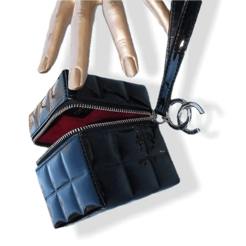 Chanel Black Patent Cube Evening Wristlet Bag Mint!