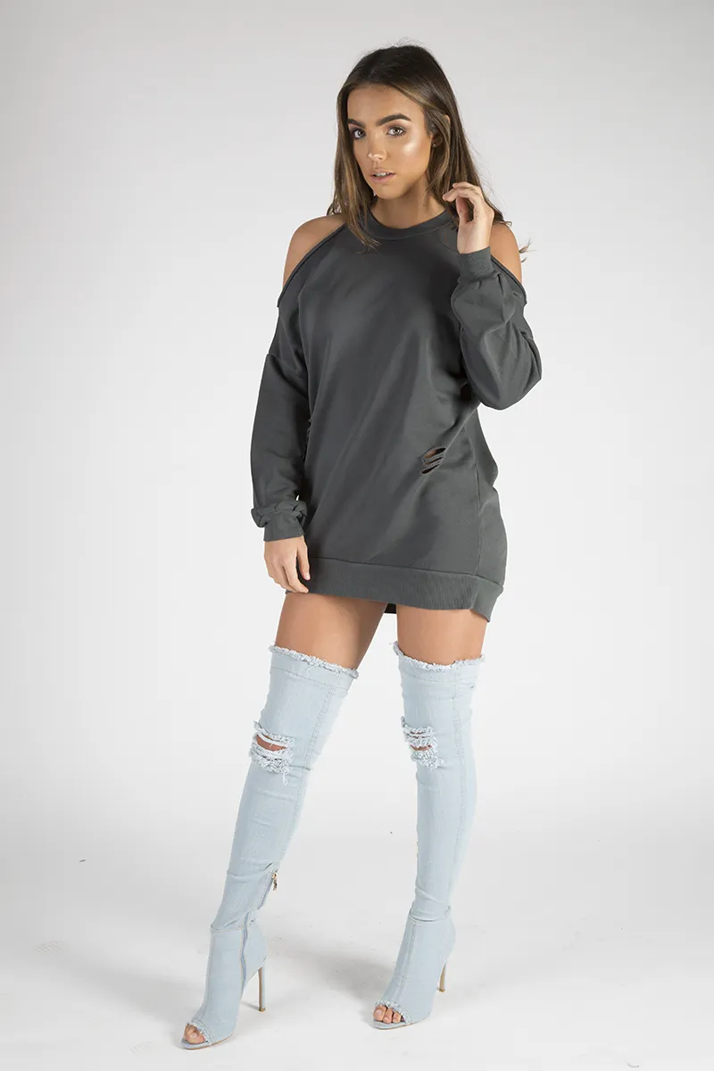 Charcoal Cold Shoulder Distressed Jumper Dress - Kylie