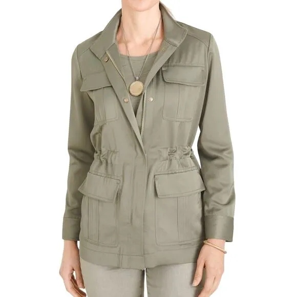 Chicos Utility Long Sleeve Green Satin Jacket Size 8/10 Chico Size 1