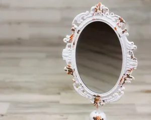 Chippy distressed white ornate pedestal mirror