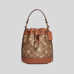 COACH Dempsey Drawstring Bucket Bag 15 In Signature Canvas With Snowflake Print Khaki Multi RS-CE587
