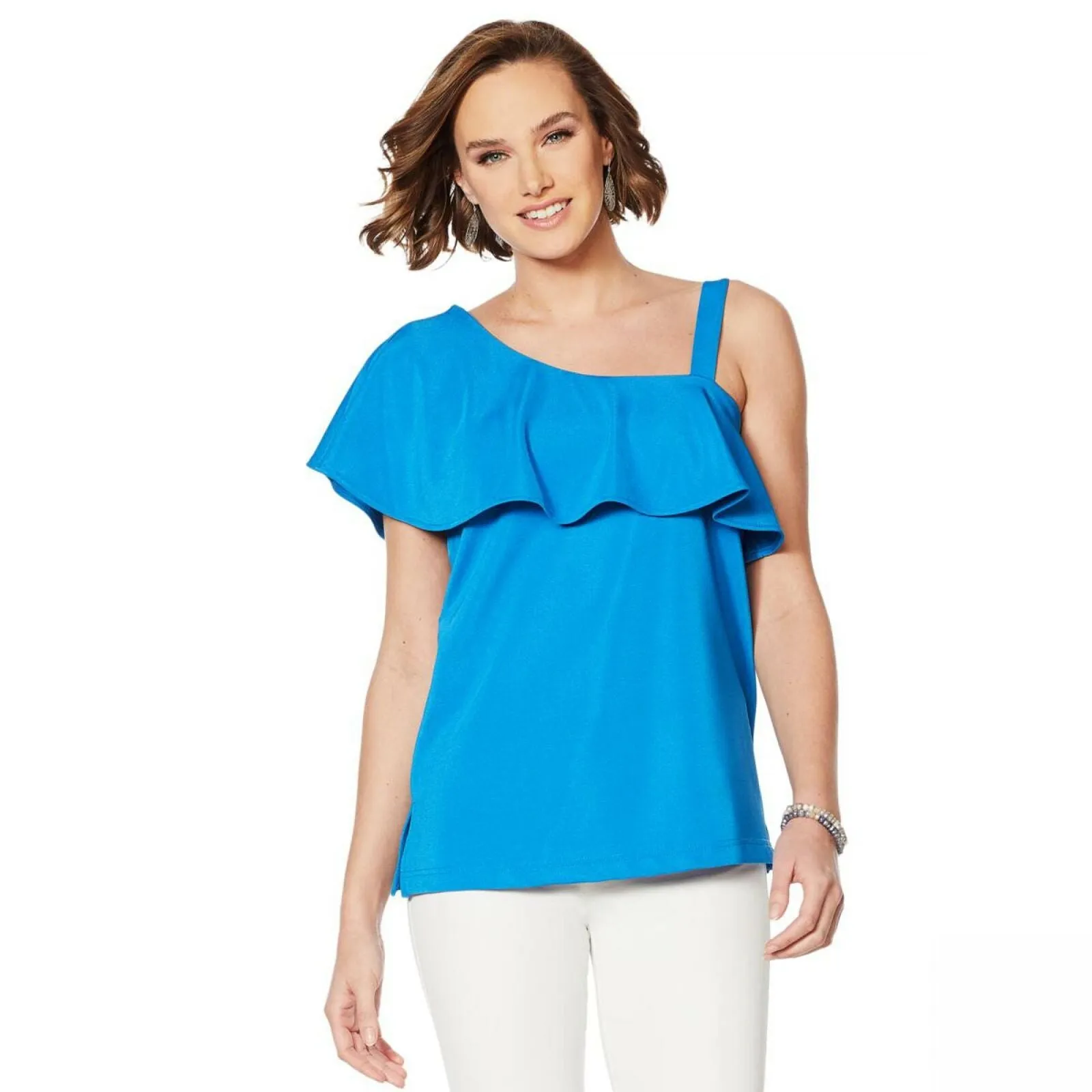 Colleen Lopez Women's Asymmetric Off-Shoulder Flounce Top Ocean 1X