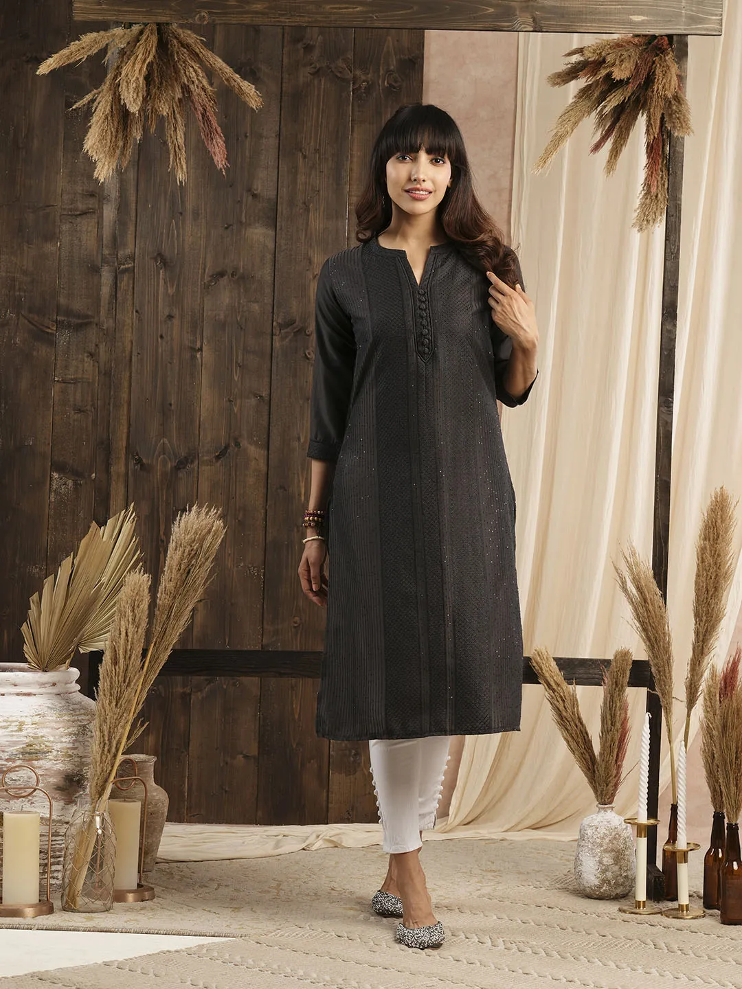 Comfort Fit Dark Grey Chanderi Silk Kurta for Women Online - Zola