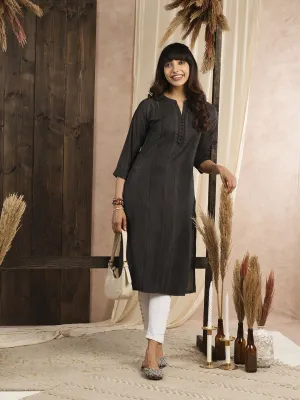 Comfort Fit Dark Grey Chanderi Silk Kurta for Women Online - Zola