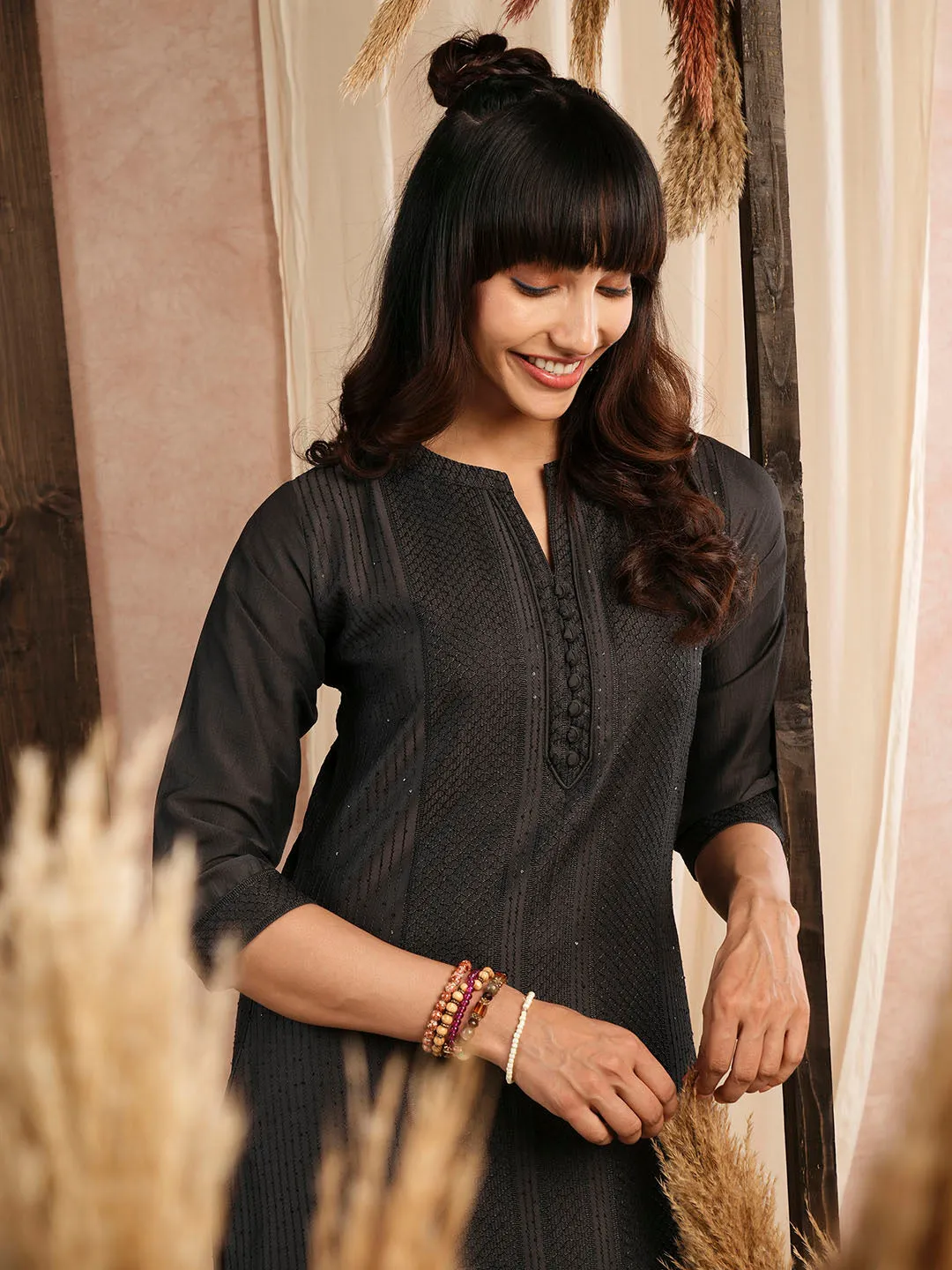 Comfort Fit Dark Grey Chanderi Silk Kurta for Women Online - Zola