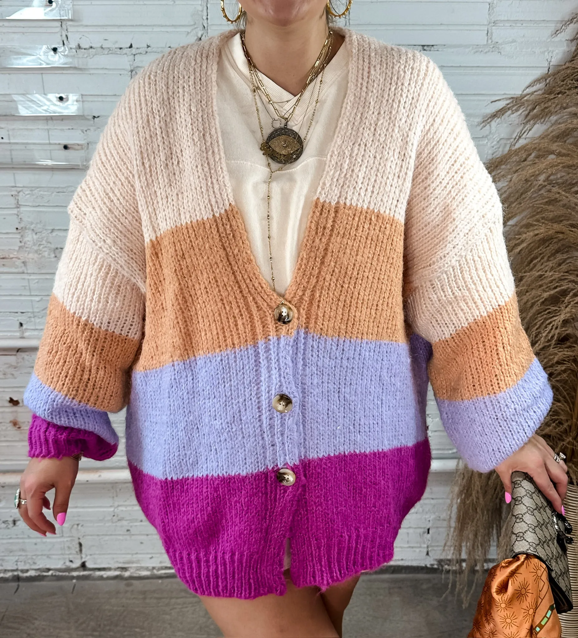Crazy For You Color Block Cardigan - Magenta