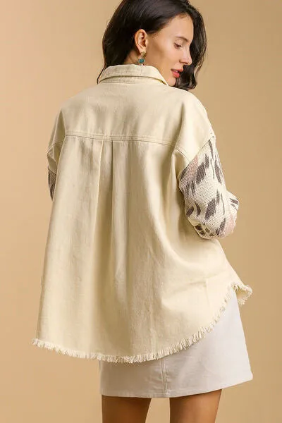 Cream Color Distressed Detail Raw Hem Button Up Shirt