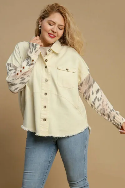 Cream Color Distressed Detail Raw Hem Button Up Shirt