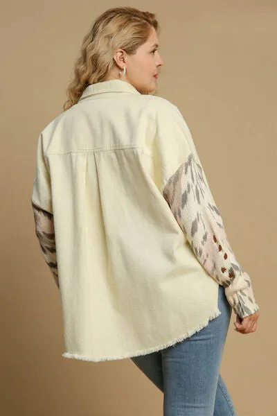 Cream Color Distressed Detail Raw Hem Button Up Shirt