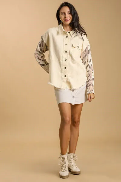 Cream Color Distressed Detail Raw Hem Button Up Shirt
