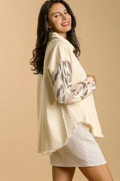 Cream Color Distressed Detail Raw Hem Button Up Shirt
