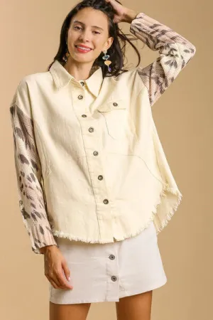 Cream Color Distressed Detail Raw Hem Button Up Shirt