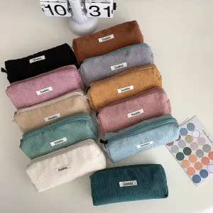 Cute Minimalist Classic Pure Color Corduroy Makeup Bag, Cosmetic Organizer, Makeup Toiletry Organizer, Travel Pouch, Cute Pencil Case