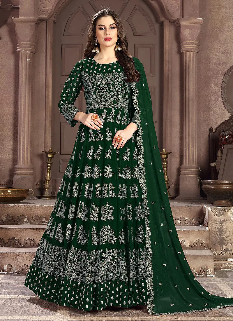 Dark Green Embroidered Wedding Anarkali Suit