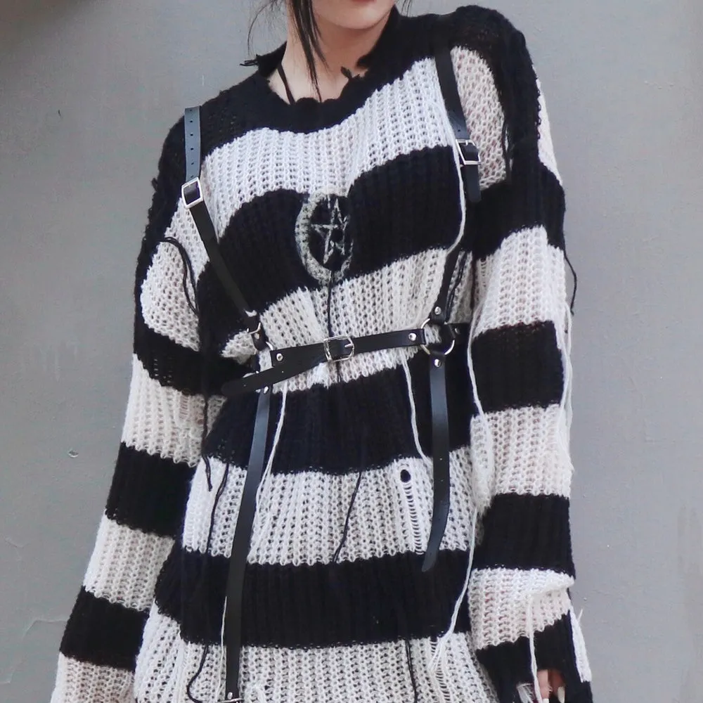 Dark Stripe Hole Knit Punk Street Pullover Round Neck Loose Sweater Girl