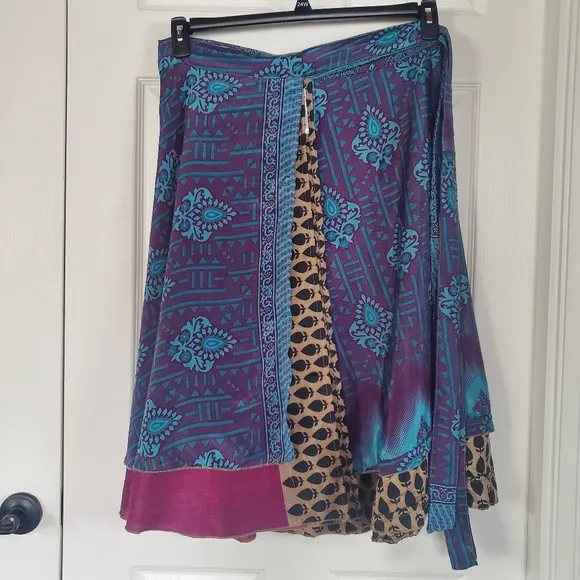 Darn Good Yarn Sari Silk Skirt Wrap One-size Multicolor Tie Front A-line Full