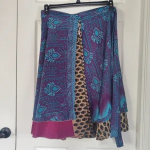 Darn Good Yarn Sari Silk Skirt Wrap One-size Multicolor Tie Front A-line Full