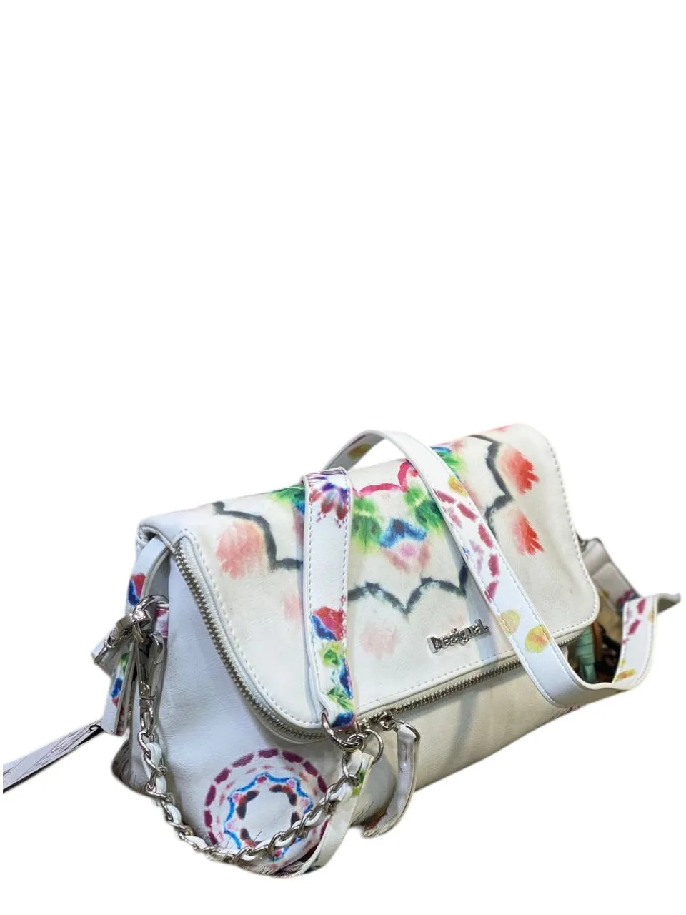 Desigual White Floral Watercolor Shoulder Bag with Chain Detail