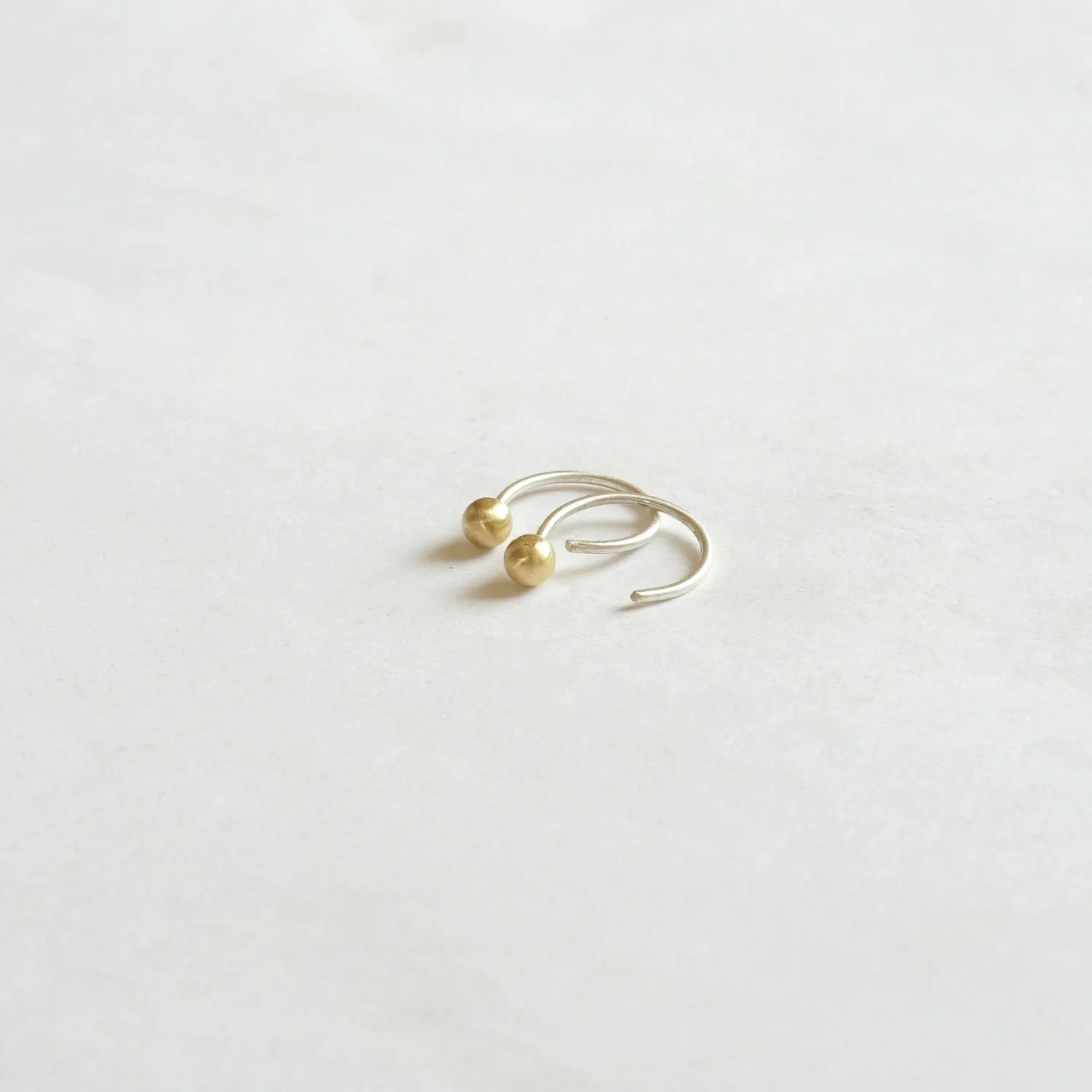 Distinctive Hand-Made Tiny Ear Hugging Sterling Silver Hoops With Ball On End - 0209