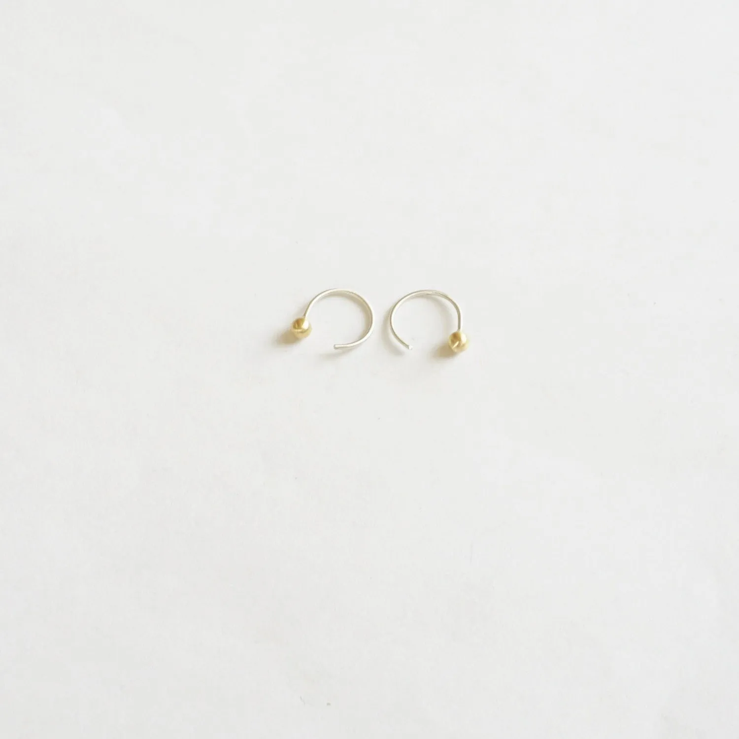 Distinctive Hand-Made Tiny Ear Hugging Sterling Silver Hoops With Ball On End - 0209
