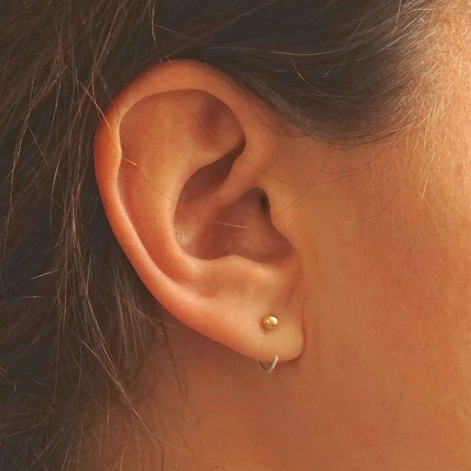 Distinctive Hand-Made Tiny Ear Hugging Sterling Silver Hoops With Ball On End - 0209