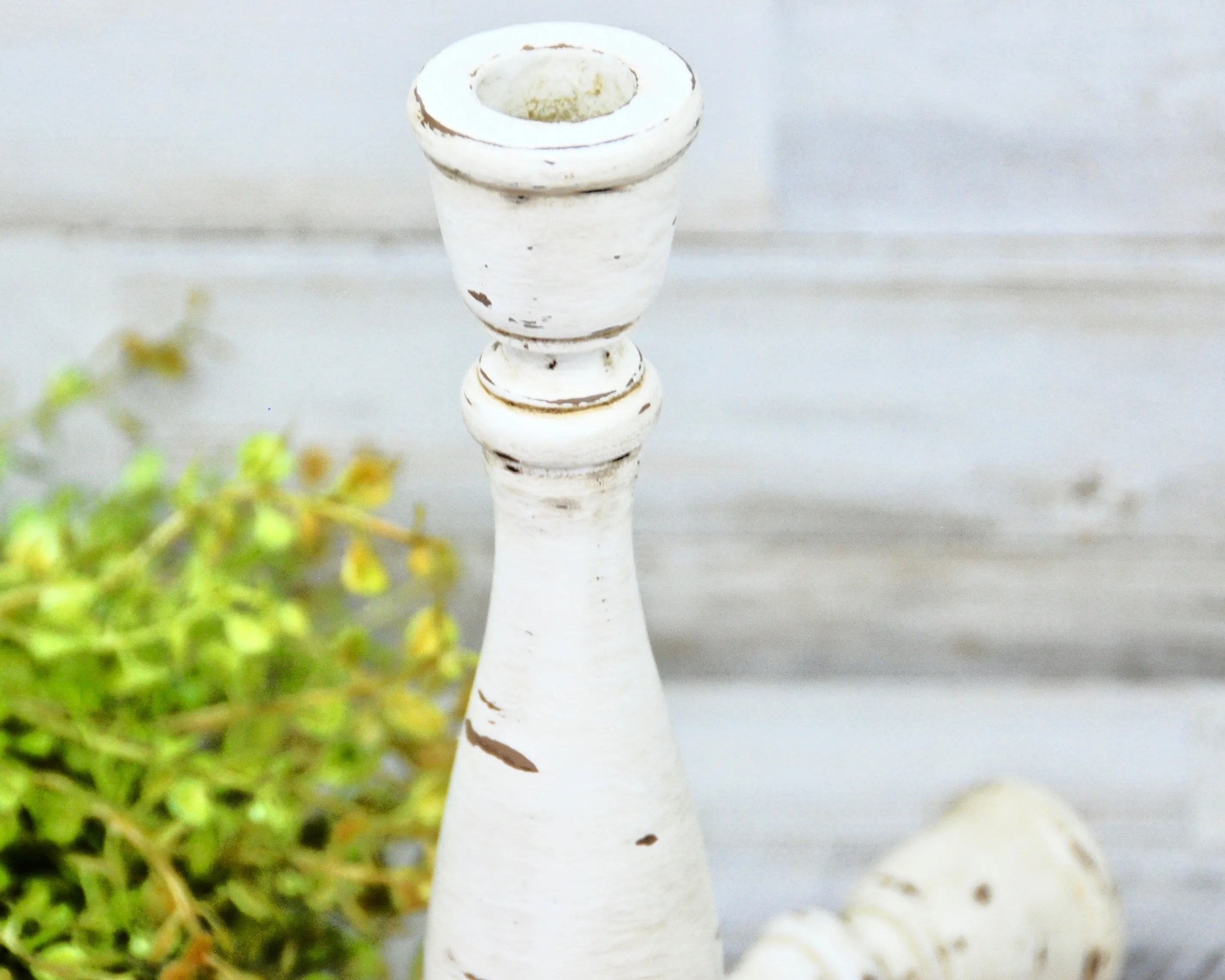 Distressed antique white & brown candlesticks
