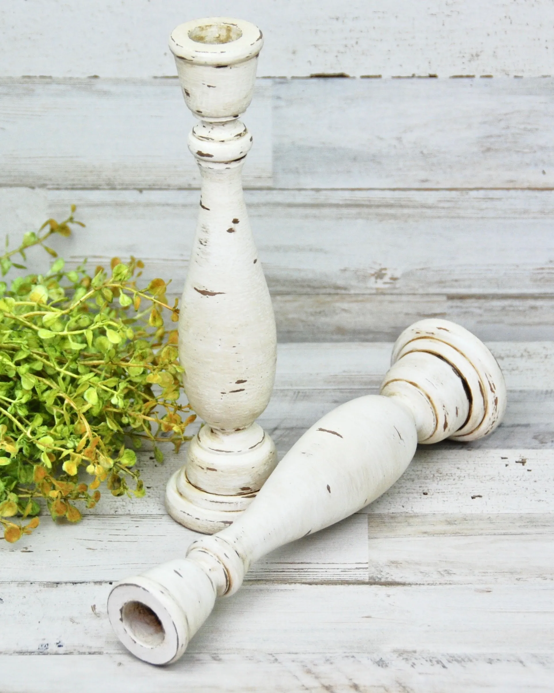 Distressed antique white & brown candlesticks