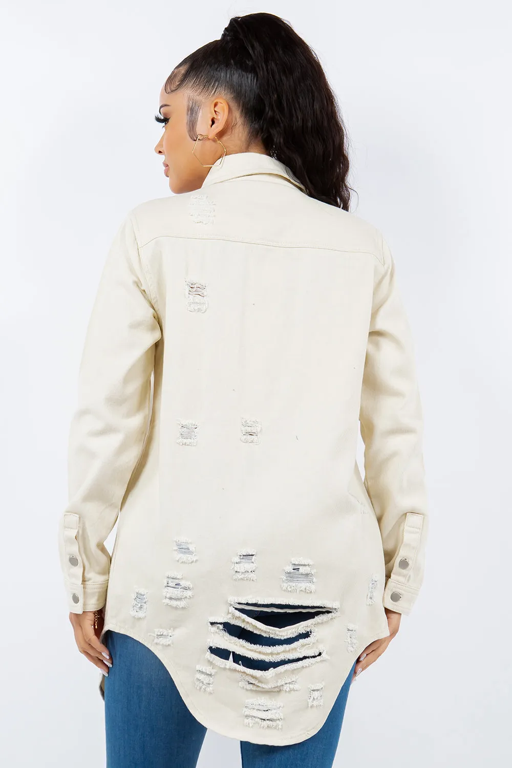 Distressed Denim Jacket In Ivory